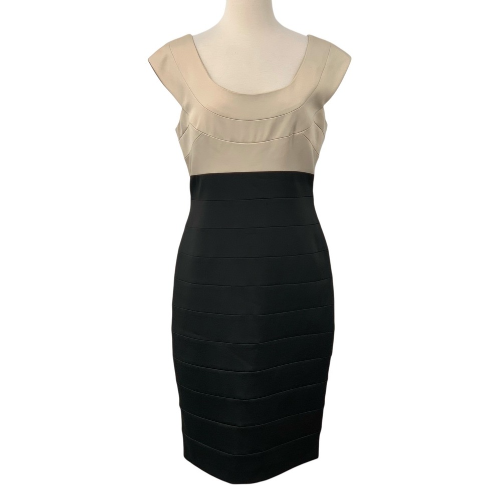 Maggy London Bandage Sheath Dress Beige/Black Colorblock Sleeveless Size‎ 14